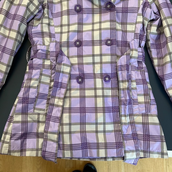 Purple lavender grey plaid belted fitted fleeced lined hooded winter jacket - Picture 3 of 16